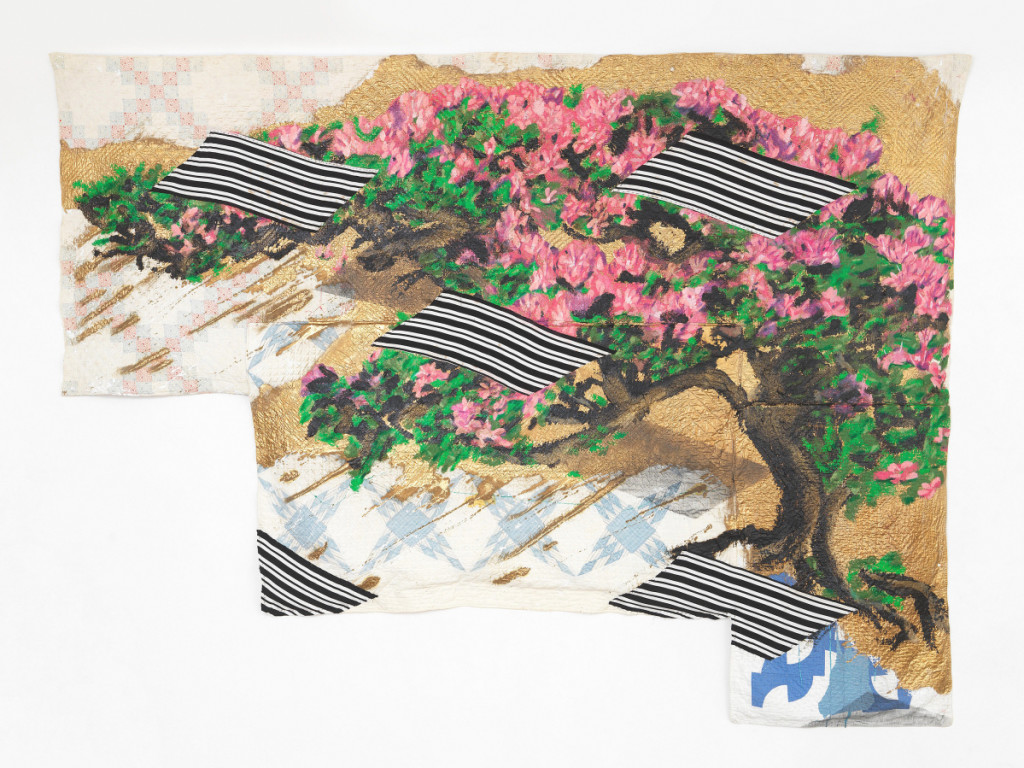 “Bonsai” by Sanford Biggers, 2016. Antique quilt, assorted textiles, spray paint, oil stick, tar, 69 by 93 inches. ©Sanford Biggers and Marianne Boesky Gallery. Photo Object Studies.