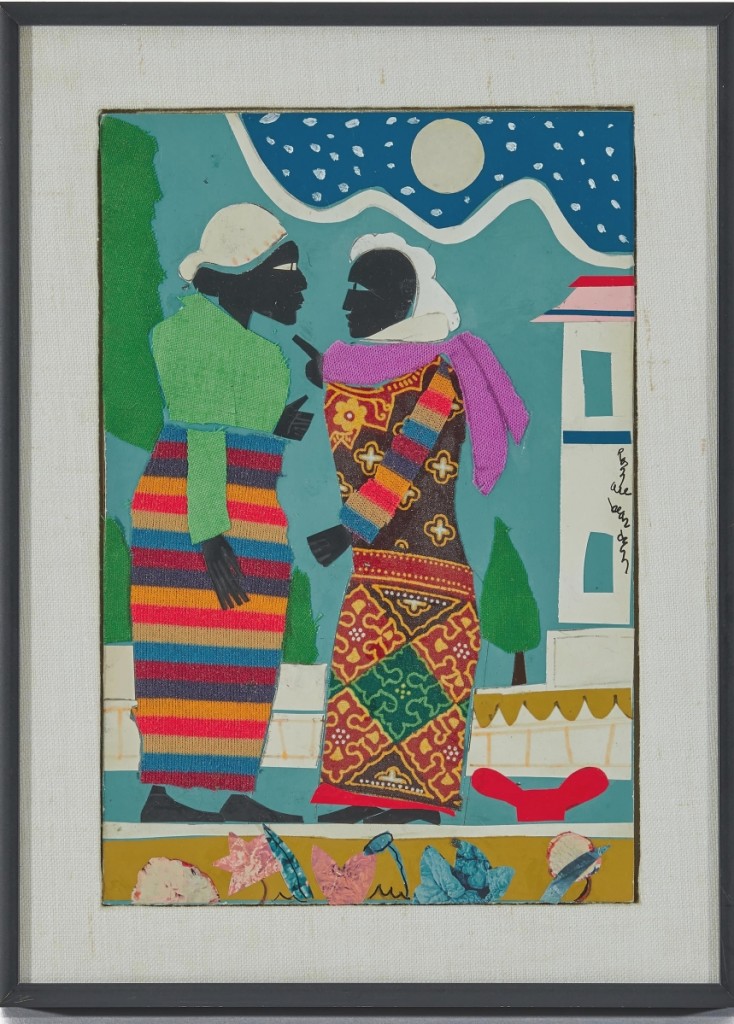 By Romare Bearden, “In The Garden,” an acrylic, cloth and paper collage was the second highest priced item in the sale, bringing $93,750. It had been acquired from the artist by the consignor in 1978.