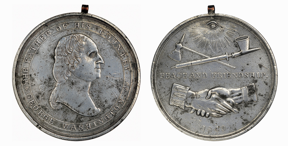 An 1843 Fur Trade “Indian Peace” medal, pewter (tested as 98.79 percent tin, 1.2 percent lead), Prucha-63, Belden-68, Musante GW-165, Baker-173R (Rulau-Fuld), Choice Very Fine, earned $45,600.