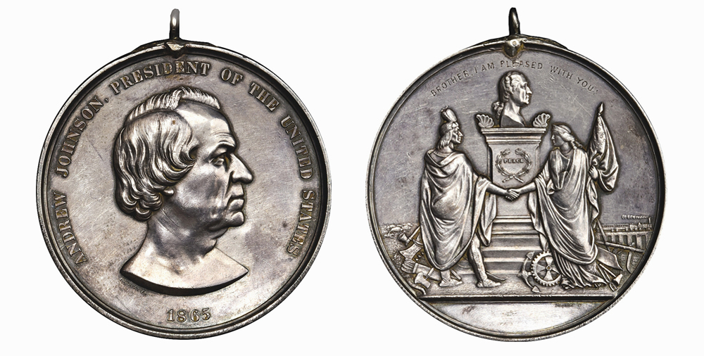 Top lot in the sale was this 1865 Andrew Johnson Indian peace medal, silver, first size, Julian IP-40, Prucha-52, Musante GW-770, Baker-173X, About Uncirculated, which sold for $55,200.