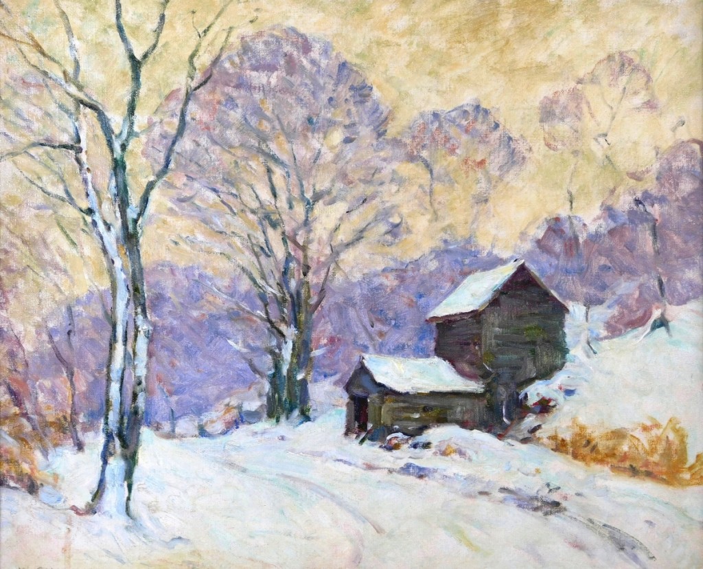 Thoughts of approaching winter may have propelled Connecticut artist William Chadwick’s (1879-1962) oil on canvas landscape snow scene with weathered building to a final price of $3,360.