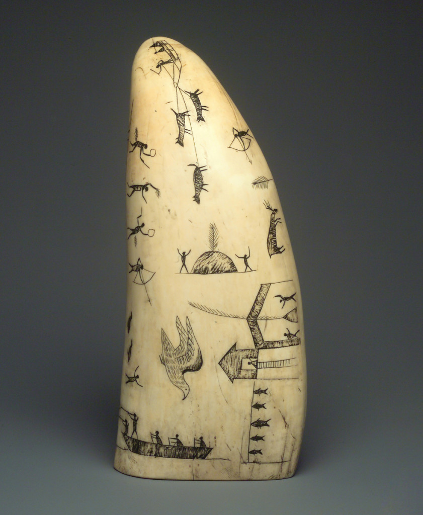 Engraved whale tooth by Alaska Native artist, late Nineteenth Century. Sperm whale tooth, black ash or graphite, oil. Brooklyn Museum. Gift of Robert B. Woodward. Creative Commons-BY. Photo Brooklyn Museum.