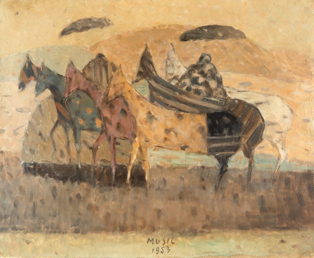 Bid to a more than twofold premium over its high estimate was this painting of horses in a landscape by Slovenian artist Zoran Antonio Music (1909-2005), “Cavallini,” 1953, which hit $68,750.