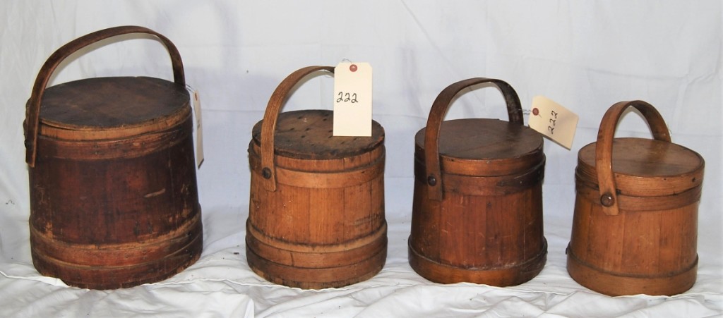 This group of four firkins, dating to the Nineteenth and early Twentieth Century, sold to a buyer in New England, for $220 ($80/250).