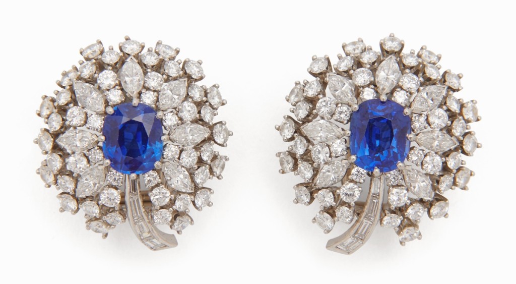 Bringing $90,625 and leading the jewelry portion of the sale was a pair of signed Raymond Yard platinum, Kashmir sapphire and diamond dress clips. The well-matched sapphires, each approximately 2.0 carats, were flanked by diamonds with a total weight of about 4.0 carats.