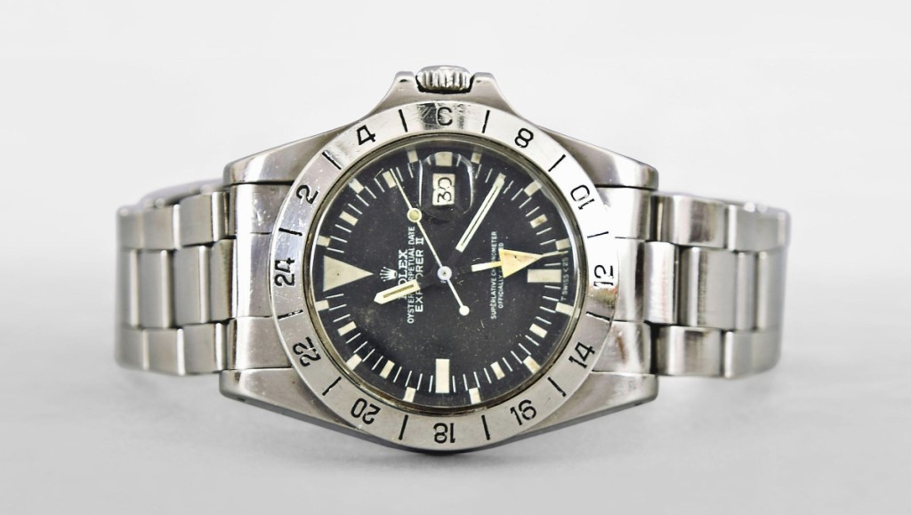An East Coast collector new to Schmitt Horan & Co., bidding on LiveAuctioneers, won this circa 1979-80 Rolex Explorer II “Steve McQueen” wristwatch for $14,400 ($9/12,000).