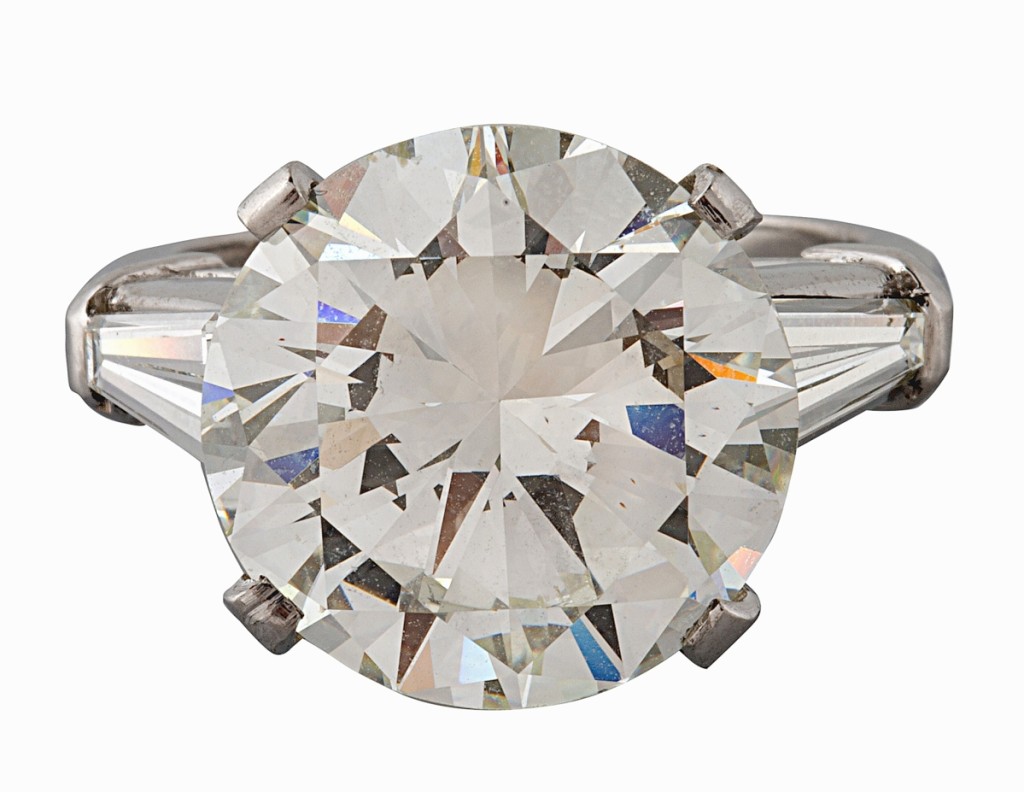 Jewelry offered in the sale was led by this 8-carat round cut diamond ring sparkler, which commanded $68,750.