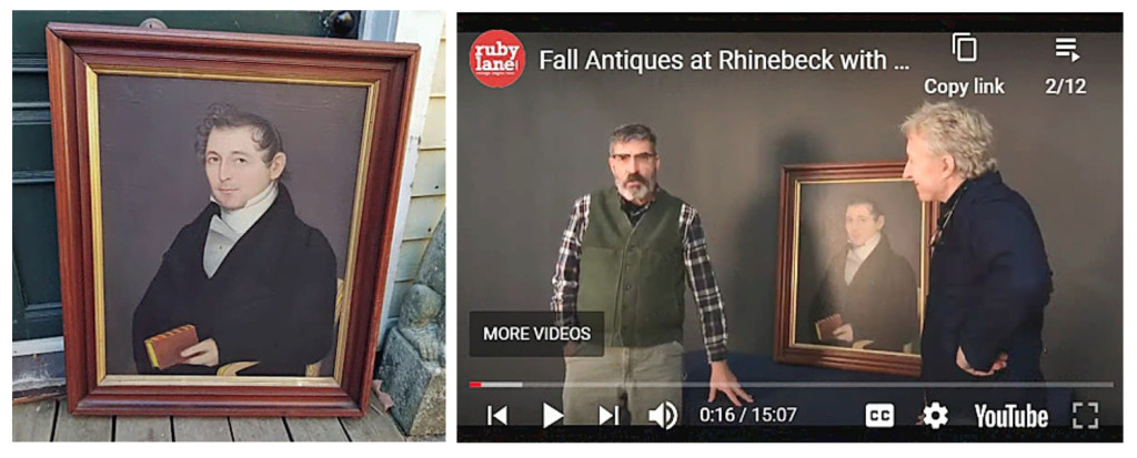 Rhinebeck Antiques Emporium provided the setting for the Antiques Roadshow-like videos with Leigh Keno. Here emporium owner Jay Grutman and Keno discuss the portrait by itinerant painter Ammi Phillips (1788-1865, active 1810 to 1860). Phillips traveled between Connecticut, Massachusetts and New York. This portrait is of a member of the Newkirk Family of West Hurley, N.Y. He is painted sitting in a fancy chair holding Milton’s works. The painting was done somewhere between 1815 and 1820.