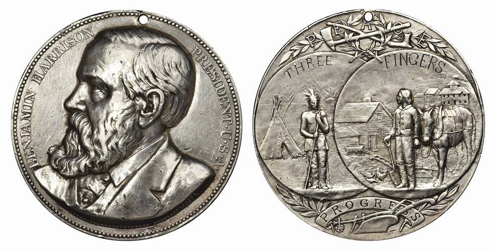 Undated (circa 1890) Benjamin Harrison Indian peace medal with provenance to a Cheyenne chief, silver, Julian IP-48, Prucha-58, Choice Very Fine, realized $48,000.
