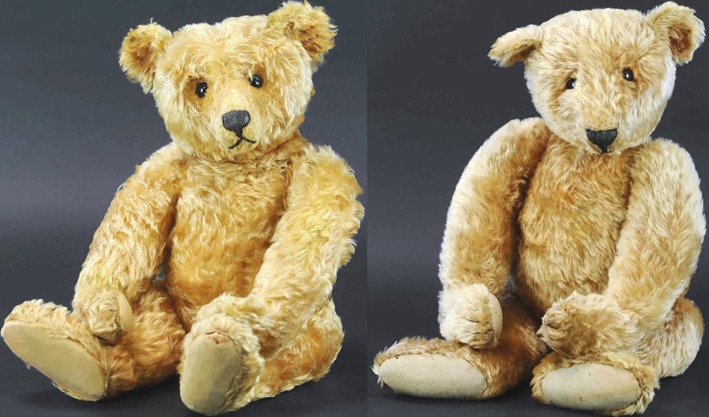 Of the five Steiff bears in the sale, these two examples, both circa 1905, were exceptional. The example on the left, a 24-inch-high center-seam bear with apricot mohair fur took $24,000. On the right is a “cone-nosed” example, 28 inches high, with golden mohair that sold for $18,000.
