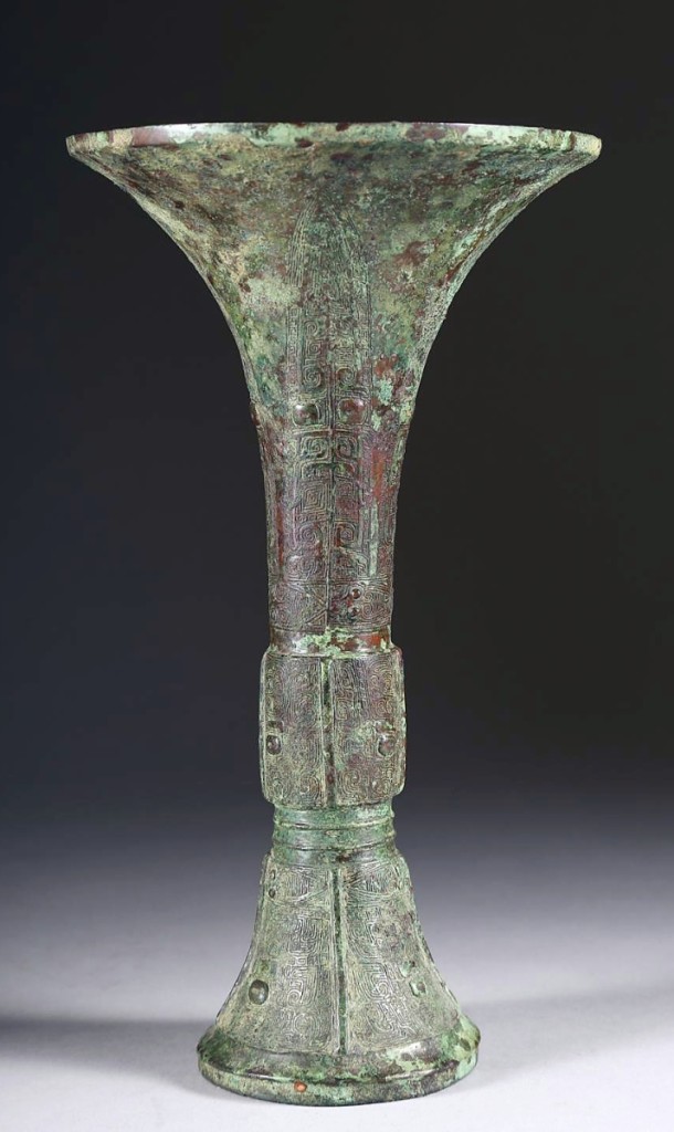 This Chinese Shang dynasty (1600-1046 BCE) bronze gu vessel was accompanied by not only a history to both Sydney L. Moss, Ltd., and the collection of A.J. Abbey, Esq., of London, but it also had a 1965 import license from the US Treasury Department. An international buyer prevailed, taking the 10- -inch-tall work to $30,635 ($3/5,000).