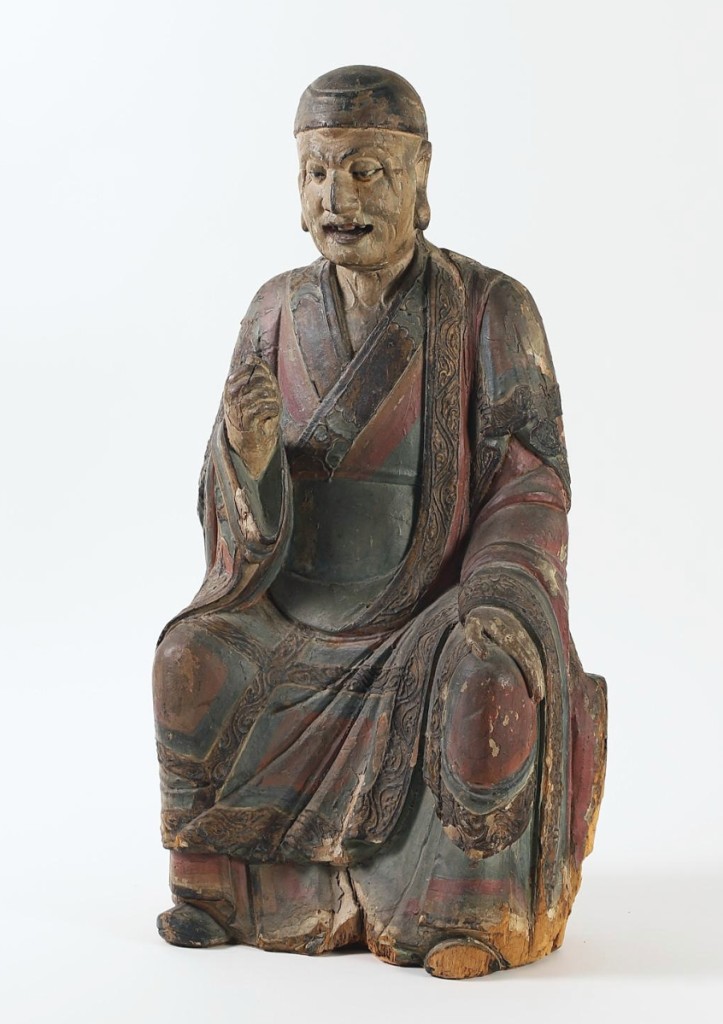 “Funny enough, I knew most of the people involved. I’ve been in the business for a long time; the longevity brings benefits,” Mason said of the previous owners of this Chinese Ming dynasty polychromed wood seated figure of a Luohan. It retained its original pigments and made $32,500 from an international buyer ($ ,000).