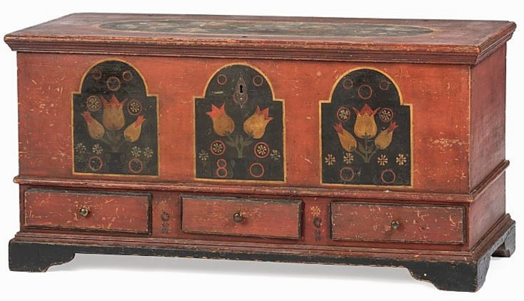 The sale’s lot leader was found in this Federal paint-decorated pine three-drawer blanket chest that sold for $23,750. It had a date of 1801 with panels depicting flowers in urns. The top featured a design of assorted pinwheels.