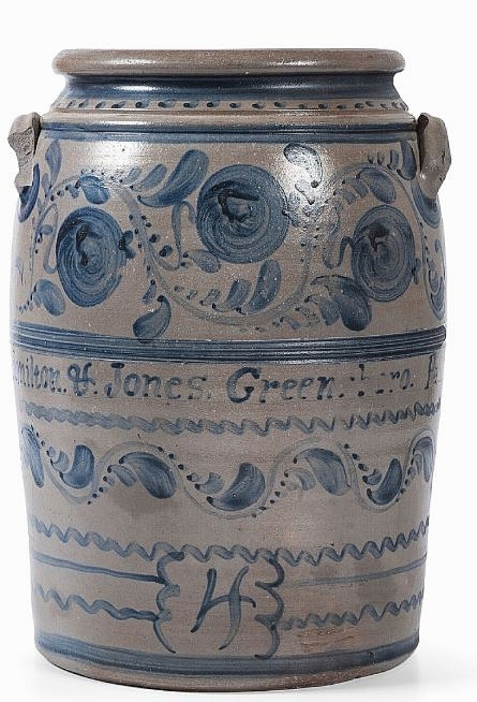 From Greensboro, Penn., pottery Hamilton & Jones was this 4-gallon stoneware crock that sold for $8,320. It stands out among Western Pennsylvania stoneware in that the decoration was largely freehand, as opposed to stenciled. Cowan’s noted that they could find no other crocks by the firm with freehand decoration.