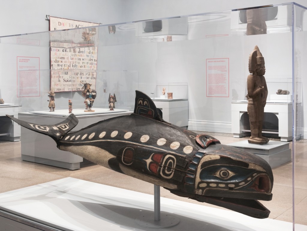 Baleen whale mask by unknown Kwakwaka’wakw artist, Nineteenth Century. Cedar wood, hide, cotton cord, nails, pigment. Collected from Knight’s Inlet, British Columbia Canada, museum expedition 1908. Museum Collection Fund. Photo Jonathan Dorado.