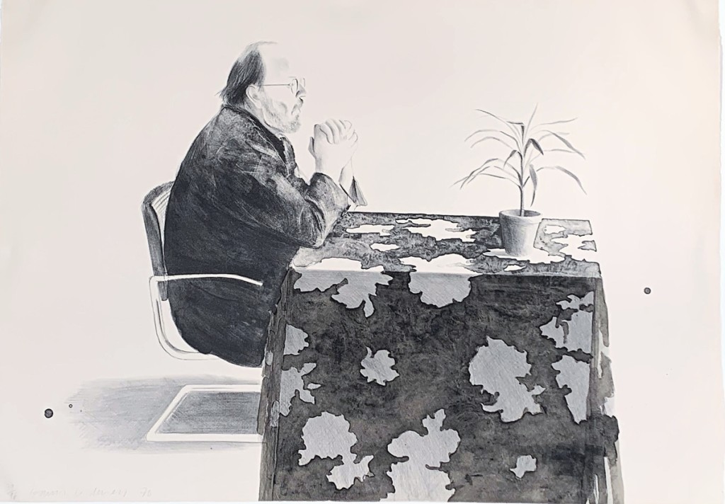 On offer, and still available at press time with Brunswick, Maine’s Edward T. Pollack Fine Arts, is “Henry at Table,” by David Hockney (English, b 1937), dated 1976, lithograph, numbered 39 from an edition of 96, on Arches paper, the sheet 29½ by 41½ inches. He was asking $24,500.