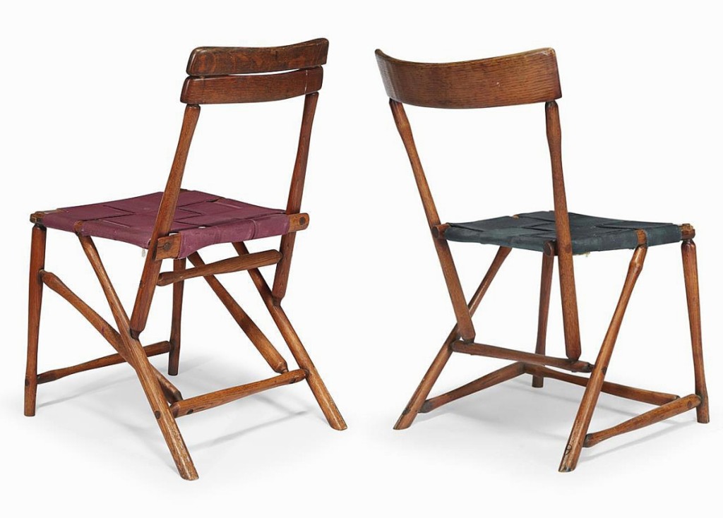 Here we are able to see the subtle differences between Wharton Esherick’s first batch of hammer handle chairs and his fourth batch, which he would base all subsequent editions off of. Both are from the 1938 Hedgerow Theatre commission, where he created 36 examples. The left is the earliest, with differences visible in the location of the joints as well as the stretchers. In the example on the right, he widened the seat by three inches and tapered the stiles inward to cradle the body. The example on the left took $10,000, while the right brought $17,500.