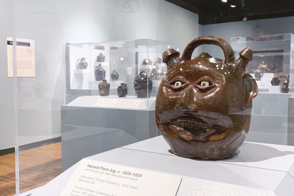 Seen here is the book’s cover image, a face jug attributed to Thomas Chandler made some time between 1810 and 1854. Earthenware with clear lead glaze and white painted details, 10 inches high. Image courtesy of the South Carolina State Museum.