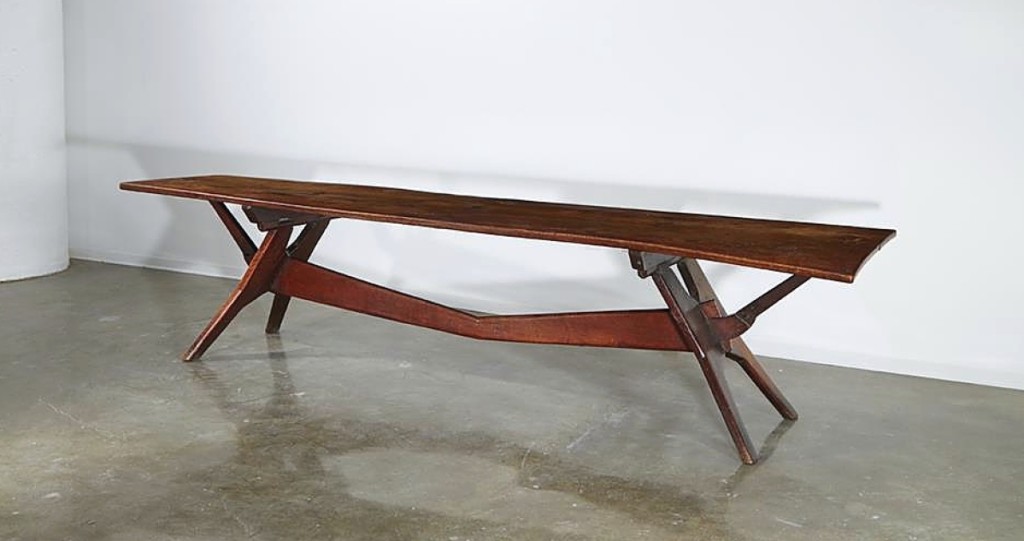 Taking the sale’s top lot at $187,500 was the “Thunder Table,” produced by Wharton Esherick and commissioned by the Hedgerow Theatre. Esherick created the oak table in 1929 in the same year his daughter performed in the company’s production of Thunder on the Left.