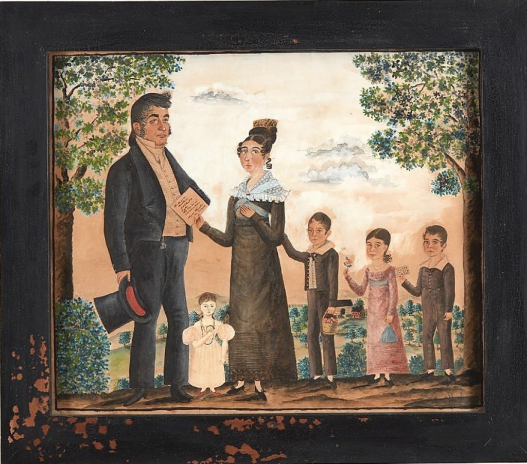Attributed to Jacob Maentel, this watercolor and ink paper family portrait took the second highest result in the sale, selling for $106,250. It depicts the Kitzmiller family of Littlestown, Penn.: father John Michael, mother Mary Ann and their children seen right, Eli George, Honoria Elizabeth and Zubulon John. Seen between them is a late addition to the family, Louisa Maria Christiana, who was added later as an applied cutout by Maentel when the parents had her 14 years following their next youngest. In the mother’s hand is a note that reads “When this you see Remember Me Lest I should be forgotten, When I am dead and under foot and trodden. Mary Ann Kitzmiller, their mother.”