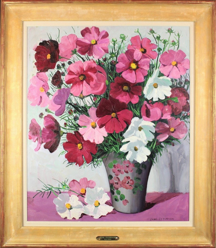 A vibrant still life by Jane Peterson (American, 1876-1965), “Cosmos in a Vase,” 29½ by 24½ inches, exhibited bright colors of pink and purple with a bouquet of petunias and gold leaf frame. It finished at $9,700.