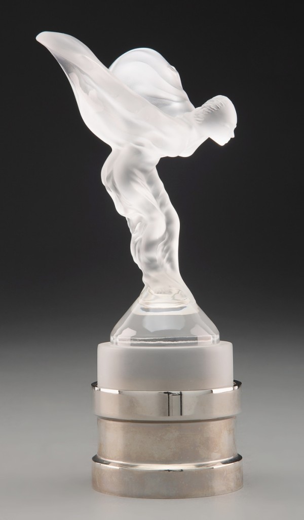 “If you collect Lalique mascots, you need this one,” Dawes said of this limited edition Lalique clear and frosted glass “Spirit of Ecstasy” mascot that was done for Rolls Royce. It sold to a private collector in London for $18,750, a price that Dawes thought might have been a record for the form.