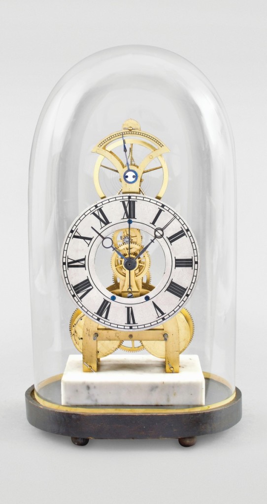 Topping the sale and bringing $24,000 was this circa 1850 Silas B. Terry 14-day balance wheel skeleton clock. While American skeleton clocks are rare in themselves, there are only a few by Terry known to exist, including one at Old Sturbridge Village. A private collector in the Midwest, bidding on the phone, prevailed against another phone bidder ($8/12,000).