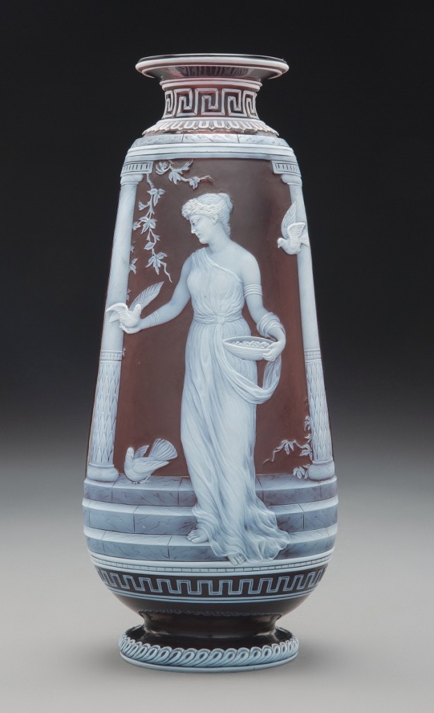 Leading the sale was this 10¼-inch cameo glass vase, made by George Woodall for Thomas Webb & Sons circa 1890, was titled “At the Portal” and featured in Ray and Lee Grover’s English Cameo Glass. It brought $50,000 from a buyer in the United States who is a devotee of the work of Woodall for Webb & Sons. It was one of two cameo glass vases in the sale by the maker and company and both were from the Birks Museum at Millikin University.
