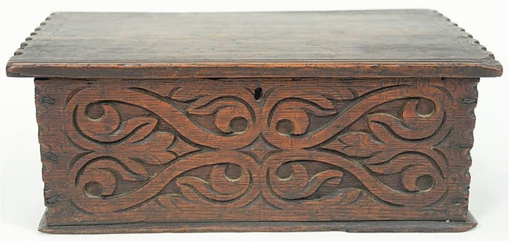Finishing at $36,600 was this bible or document box attributed to Seventeenth Century Ipswich, Mass., maker Thomas Dennis. It is oak throughout and was purchased by dealer Hollis Brodrick. Vincent Family Collection.