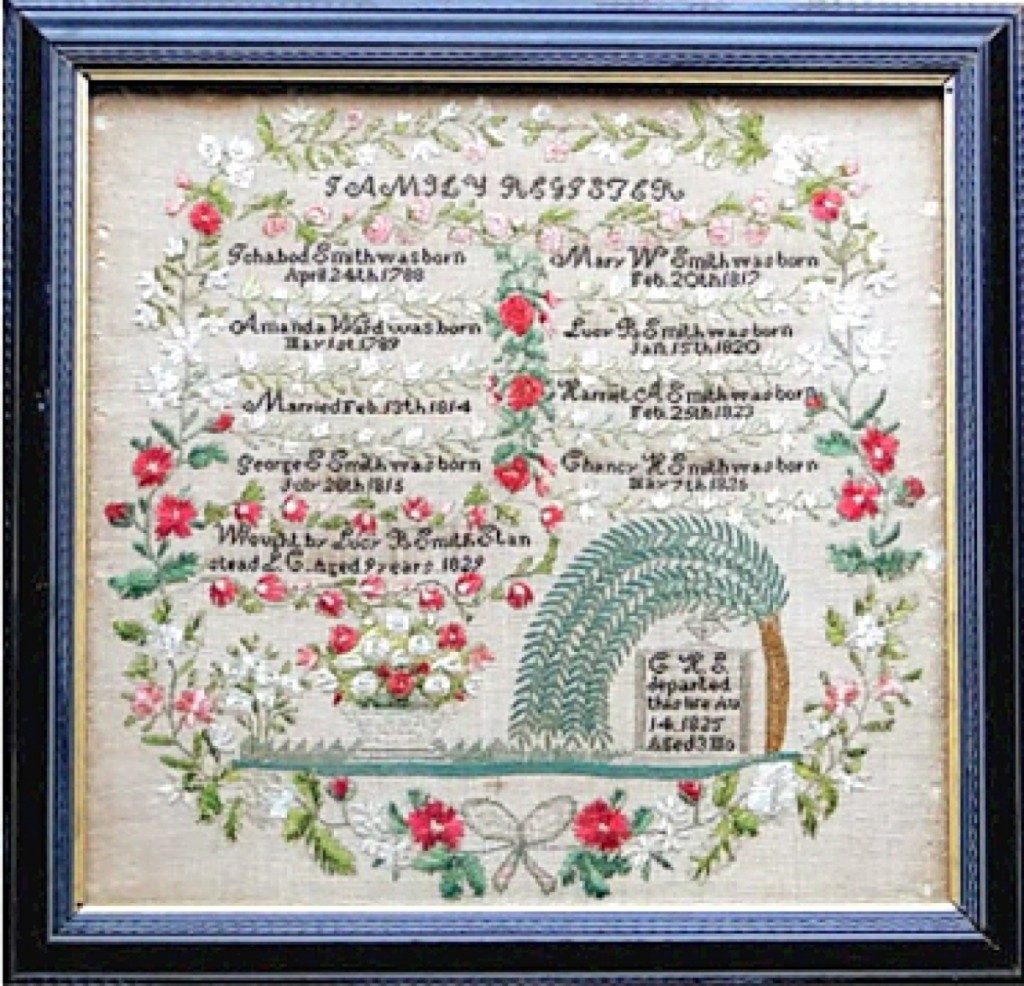 Neverbird Antiques offered an antique Canadian family record sampler with original and brilliant color. It was created in 1829 by 9-year-old Lucy B. Smith (1820-1836) in her hometown of Stanstead, Estrie Region of Quebec (then Lower Canada). Lucy died at age 16, but her sampler survived in full color remembrance.