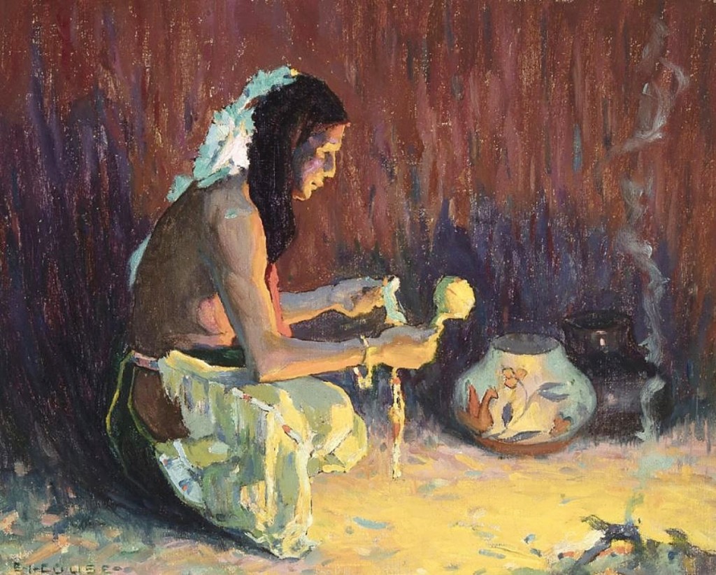 Taking $52,650 was Eanger Irving Couse’s (1866-1936) “Indian Brave Kneeling Before the Firelight,” a 1921 oil on board measuring 7½ by 9-3/8 inches.