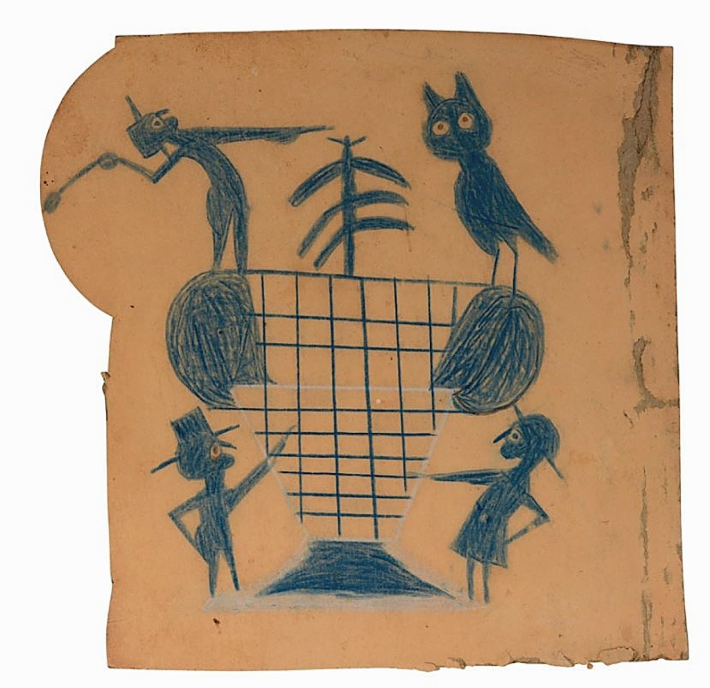 The sale was led by Bill Traylor’s “Four Figures And Basket In Blue,” a graphite, tempera and conte crayon work that brought $105,000. It had provenance to Ricco/Maresca Gallery and Carl Hammer Galleries and sold to a private collector. Slotin said it had all the bells and whistles a Traylor collector looks for.