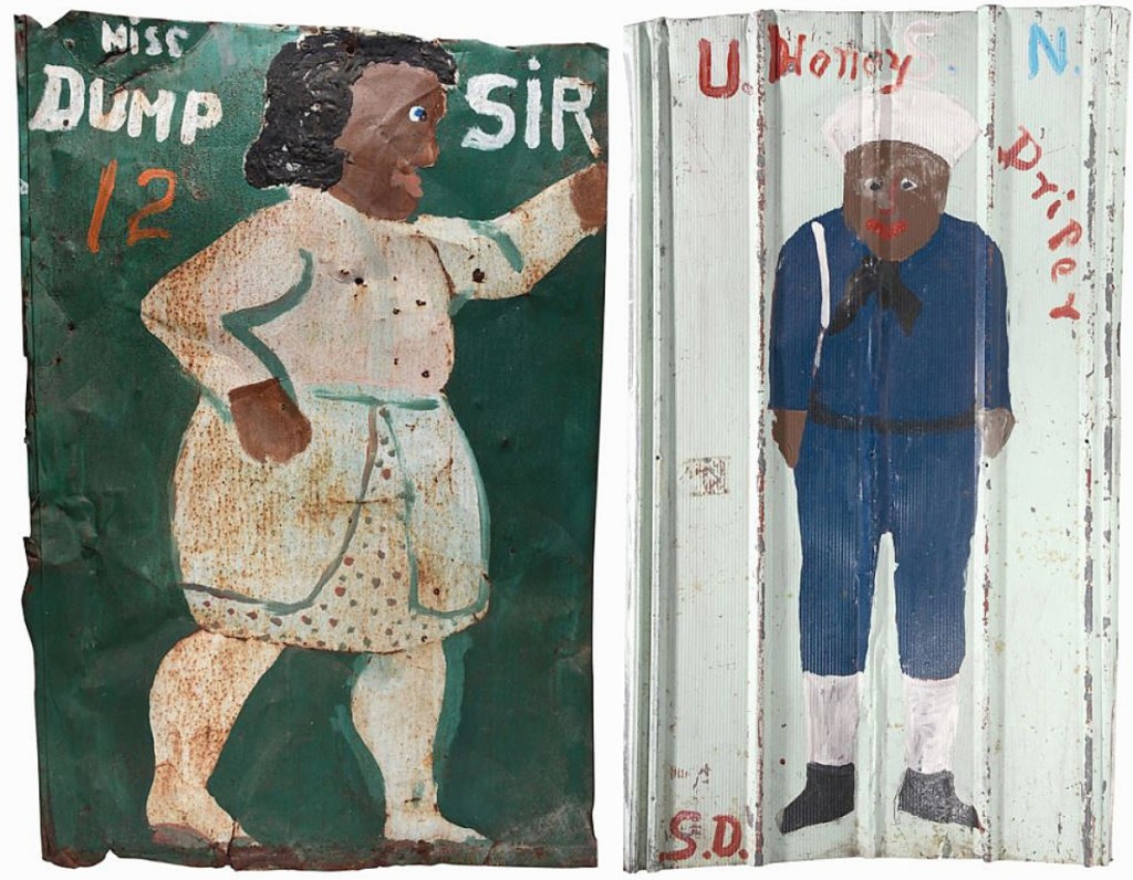 Two works from Sam Doyle (1906-1985) found the top of the sale, including “Miss Dump Sir, #12,” $30,000; and “U.S.N. Honey Driper,” $24,000. Both were painted on found tin roofing.