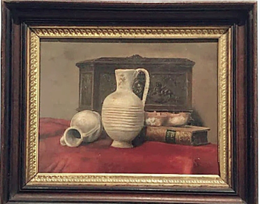 Among fine art offered by David Smernoff was this trompe L’oeil table top still life, oil on wooden board, 11 by 15 inches. Smernoff said he was not sure if this is an American or European painting.