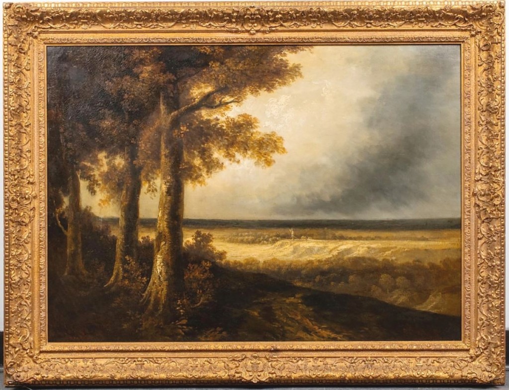 A storm looms ominous over the vast golden fields in Georges Michel’s (French, 1763-1843) “Approaching Storm.” A label on the back said it had once been exhibited at the Metropolitan Museum of Art and it sold for $9,375.