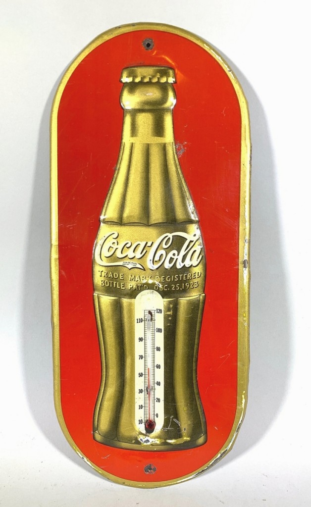 The sale offered some 100 advertising thermometers. This Coca-Cola thermometer, marked “Made in U.S.A.” and measuring 16 by 6¾ inches, rose to $55.