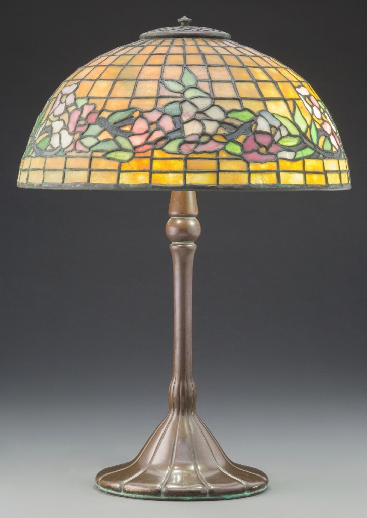 The only leaded glass lamp in the sale was this Tiffany Studios bronze Dogwood table lamp, with both base and shade marked “Tiffany Studios New York,” that a collector in the United States, who had never previously purchased at Heritage, won for $18,750.