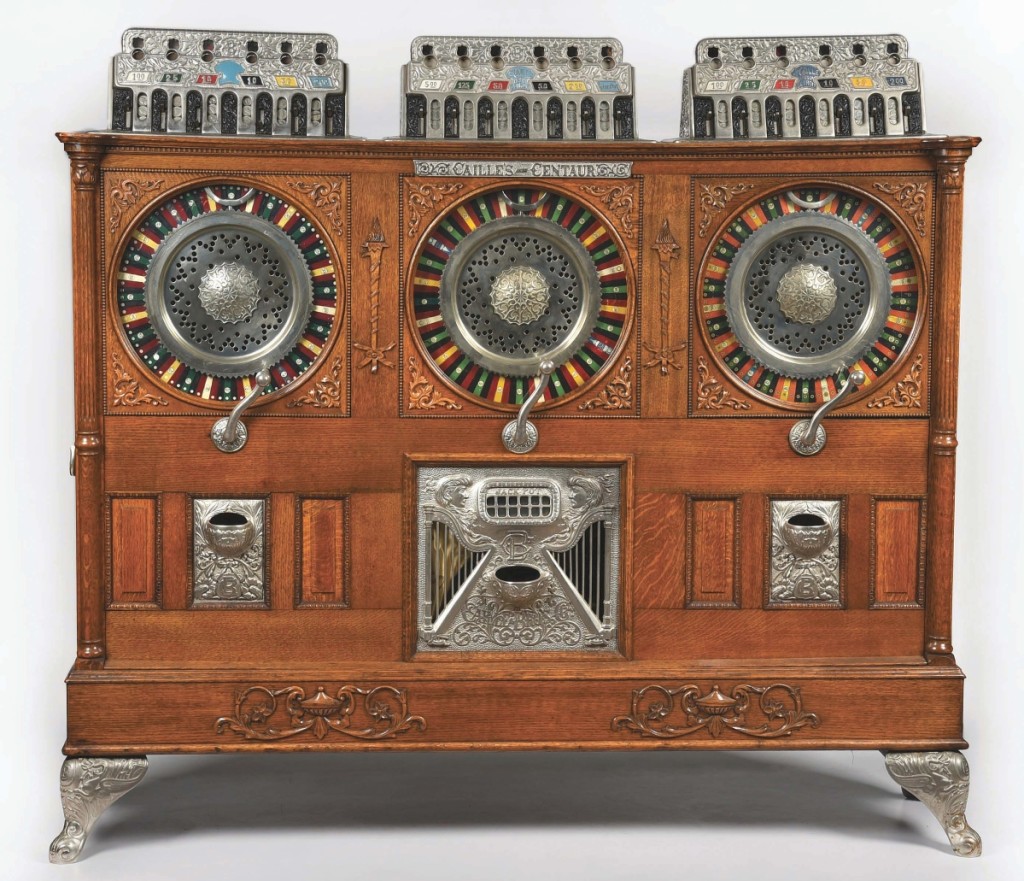 The top lot was this only known example of a Caille Bros. “Triple Centaur Jackpot” musical upright slot machine. It accepts nickels/quarters/nickels in its three separately operating sections. With just one owner since the 1970s it sold at midpoint of estimate for $240,000.