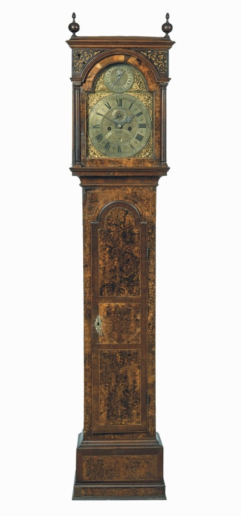 Fletcher said this burl walnut veneer and inlaid tall case clock with engraved brass dial by William Claggett of Newport, R.I., “was a fabulous thing.” It had provenance to a Newport family, had been published in a book on Claggett clocks and included in a recent exhibition of Claggett clocks at the Redwood Library. Estimated at $40/60,000, it sold for $50,000.