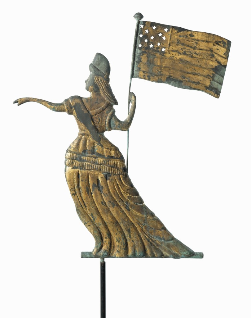 “The vane was really lovely; it brought respectable money,” Fletcher said of this gilt and molded sheet copper “Goddess of Liberty” weathervane, attributed to William G. Henis of Philadelphia, that brought $87,500, the second highest price in the sale ($50/100,000).