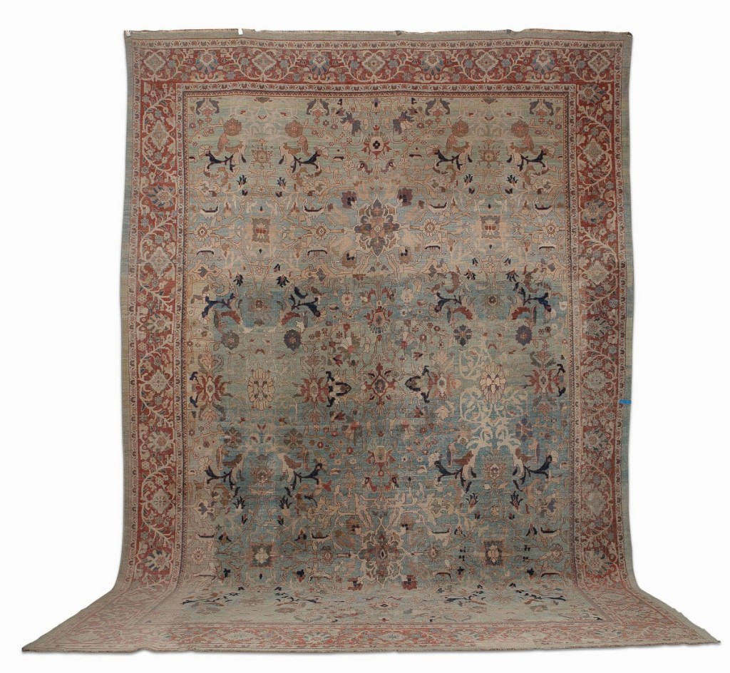 The condition of this large Nineteenth Century Sultanabad carpet was poor but it saw competition from private collectors, decorators and members of the rug trade before selling to a Los Angeles decorator for $35,000 ($4/6,000).