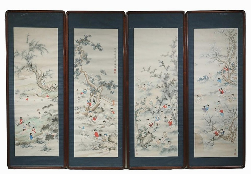 This set of four painted Chinese scrolls depicted children playing in gardens and were in Plexiglas frames measuring 48¾ by 18 inches each. Veilleux said they had received so much interest from Asia that he was certain they were going to an online bidder there, for $27,600 ($1/1,500).