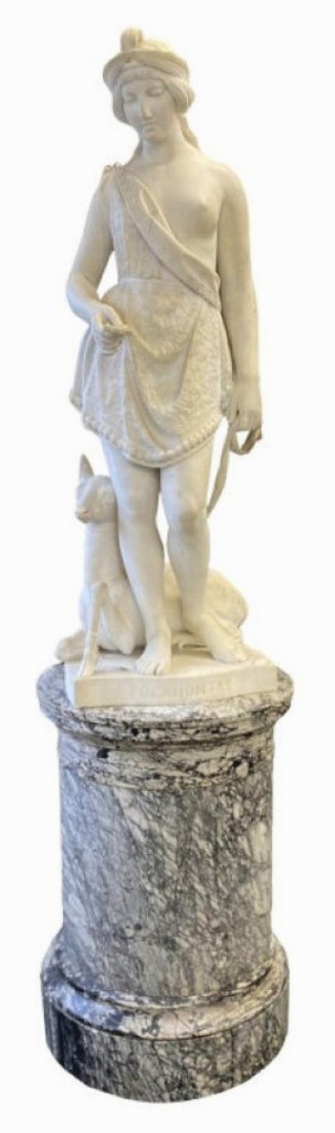An online bidder won this marble sculpture of Pocahontas by J. Mozier, Rome, 1866. The 48-inch statue stood on a 31-inch-tall rotating pedestal and realized $42,000 ($5/20,000).