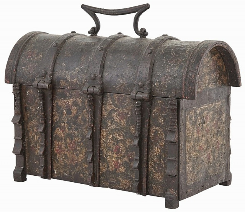 Sextupling the estimate was this German polychrome painted iron coffer box that went out at $6,562. It was one of the earliest pieces in the sale, dating to the early Sixteenth Century. The box with domed lid featured buttressed straps and measured 8 inches high by 12 inches wide.