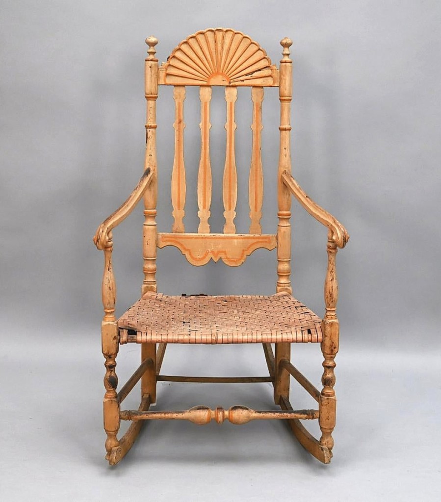 It was expected to bring one of the highest prices of the selection of early furniture, and it did not disappoint. The Portsmouth, N.H., William and Mary banister back armchair with a large sunburst crest earned $4,200. The rockers, as well as the current finish, were later additions to the chair.