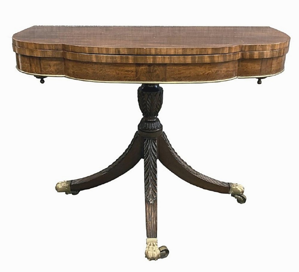 “That was a beautiful object and worth every bit of the price, if not more,” Carlsen said of the top-selling piece of furniture from the Cawley estate, this Duncan Phyfe card table with trick leg mechanism that brought $8,400 from a trade buyer in New York City. It had provenance to the New York City dealers Bernard & S. Dean Levy ($3/5,000).