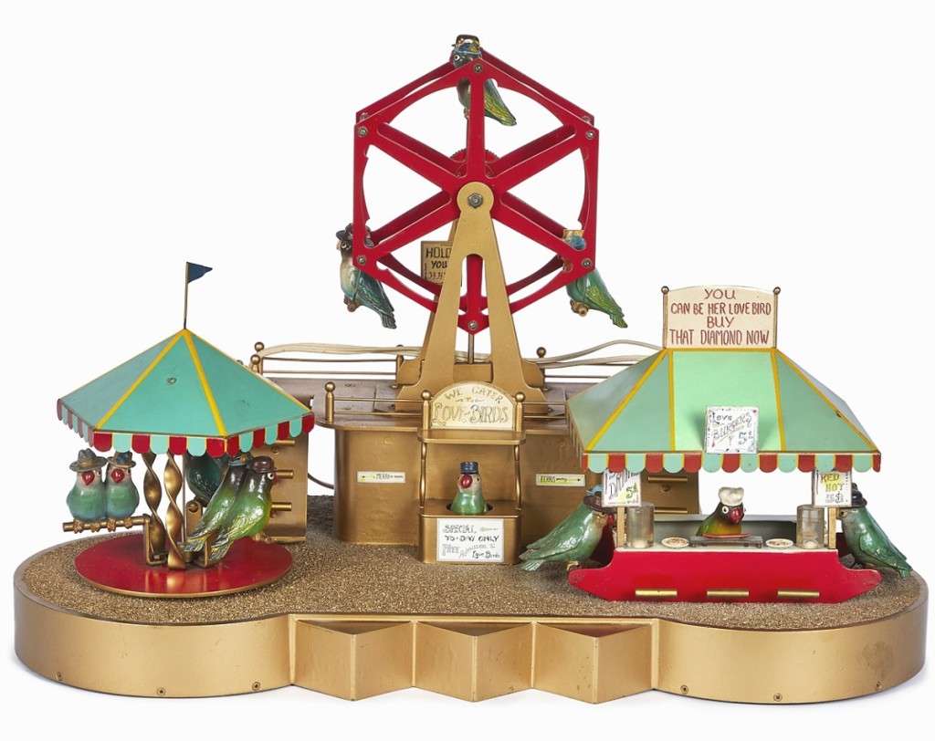 Among five intricate displays across the block, a lovebird carnival display was bid to $8,540.