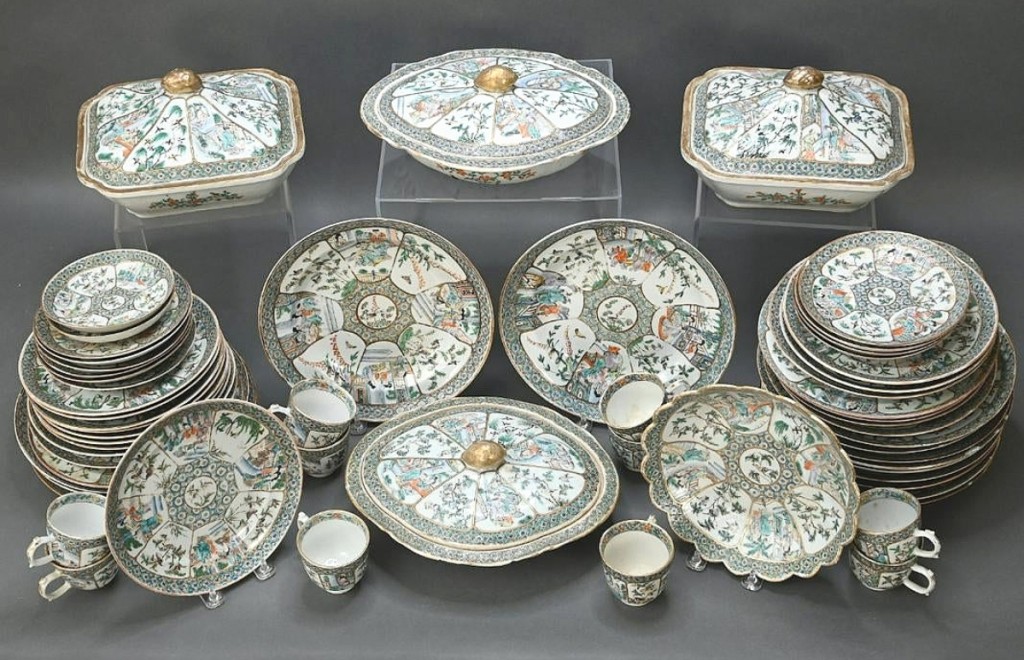 This partial famille verte dinner service included 67 pieces, including two pairs of covered vegetable dishes. Sold as one lot, it realized $5,100.