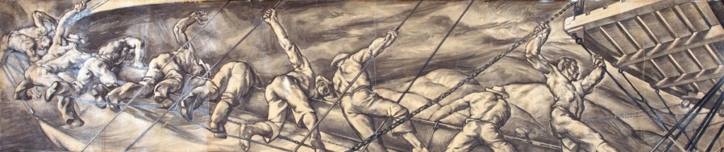“Aloft,” a study for New London Post Office mural by Thomas LaFarge, 1935-37. Charcoal on paper. Lyman Allyn Art Museum, Gift of Mrs Thomas LaFarge.