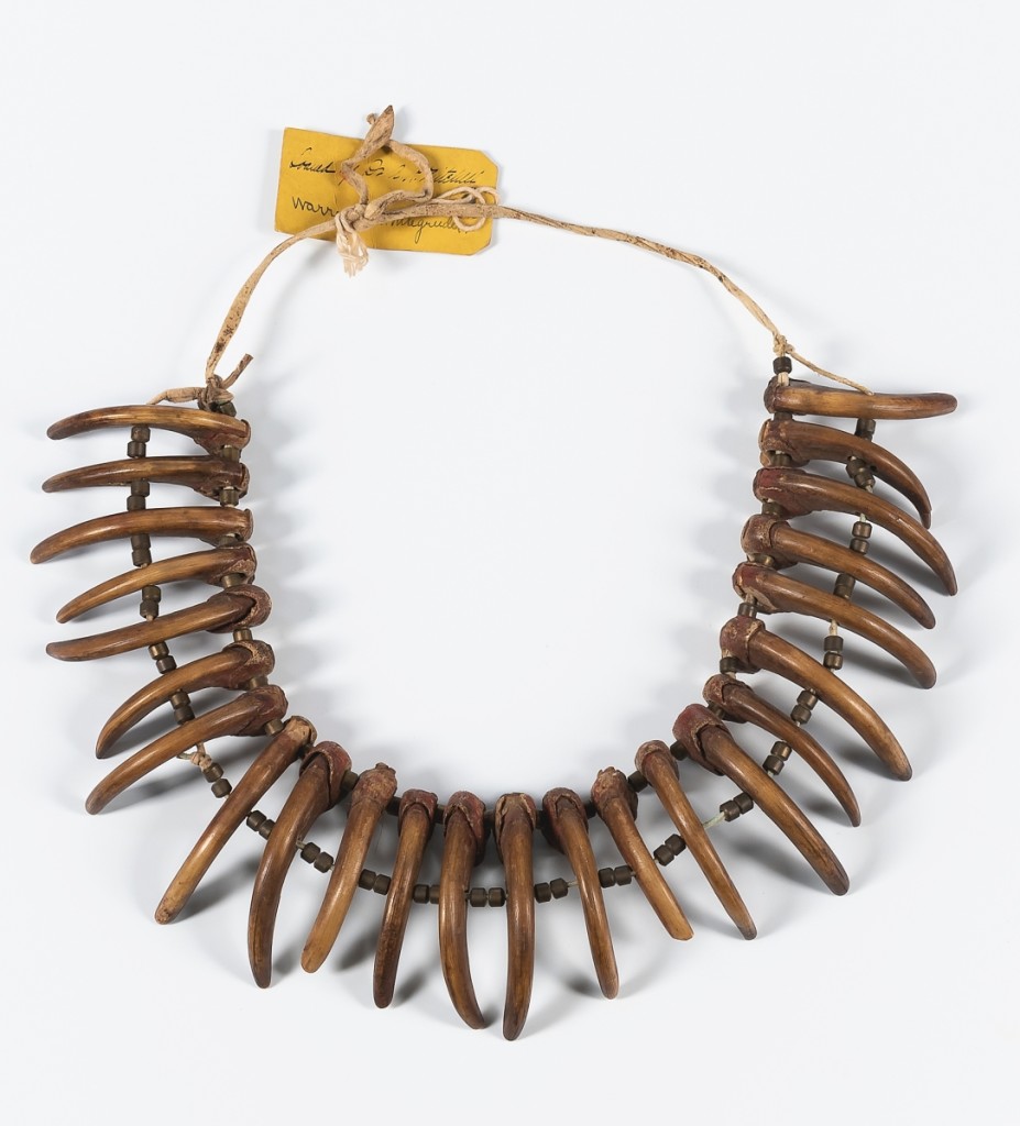 Bringing the third highest price of the sale, $40,625, this Plains Indian bear claw necklace had been collected about 1845 by a soldier stationed at Fort Kearny in Nebraska. It had 24 grizzly bear teeth joined by two beaded hide strips.